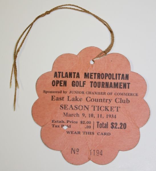 Ticket 1934 Atlanta Open-East Lake Country Club-Bobby Jones Club Advertising-First ATL Pro Event