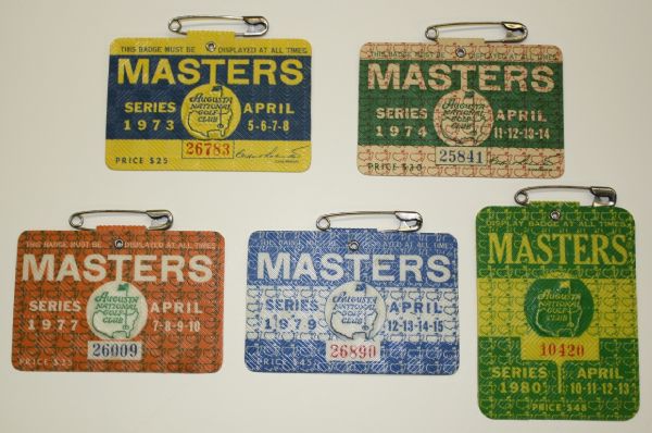 Lot of 5 Masters badges - 1973, 1974, 1977, 1979, 1980