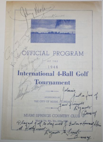 Autographed 1946 Miami International 4-Ball Program with CRAIG WOOD, Sam Snead, Tony Penna! JSA COA!