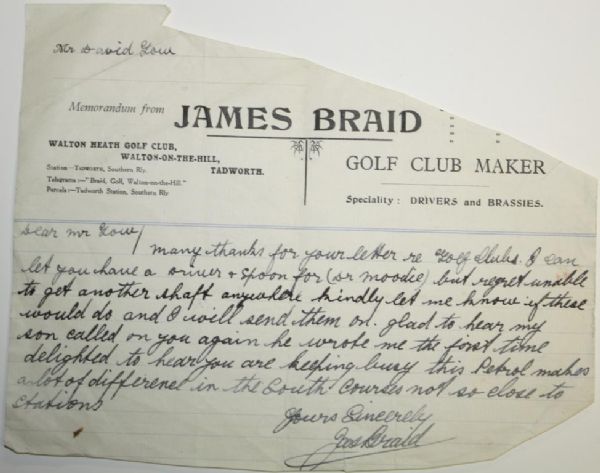 Hall of Famer James Braid (D-1950)Handwritten Memo on Letterhead and Signed JSA COA