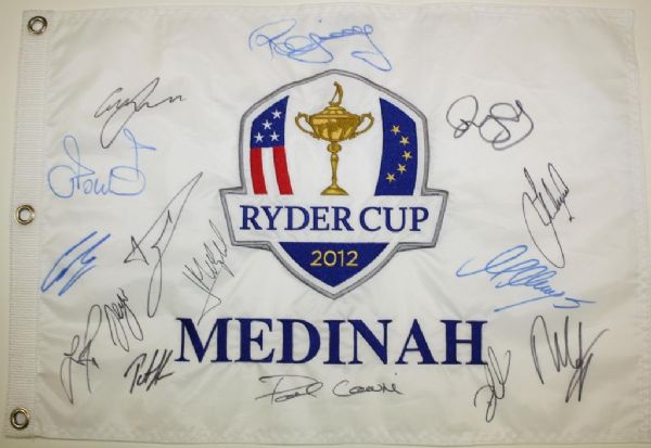 2012 Ryder Cup White Embroidered Flag Multi-Signed by Entire Champion European Team