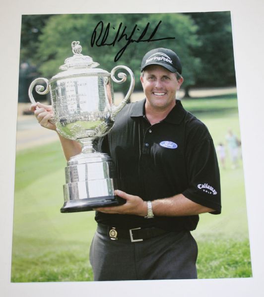 Phil Mickelson Signed 8x10 - Holding PGA Trophy