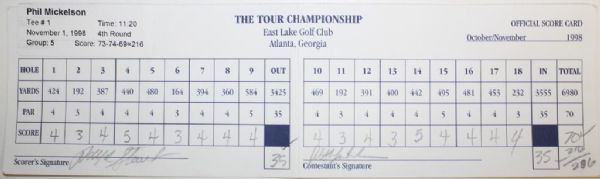 Phil Mickelson Game USED Scorecard from 1998 Tour Championship With Payne Stewart Scorer