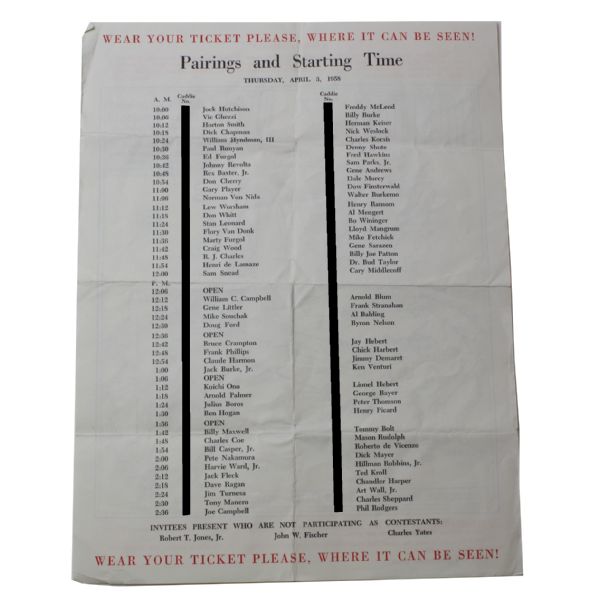 1958 Masters Tournament Pairing Sheet - Thursday