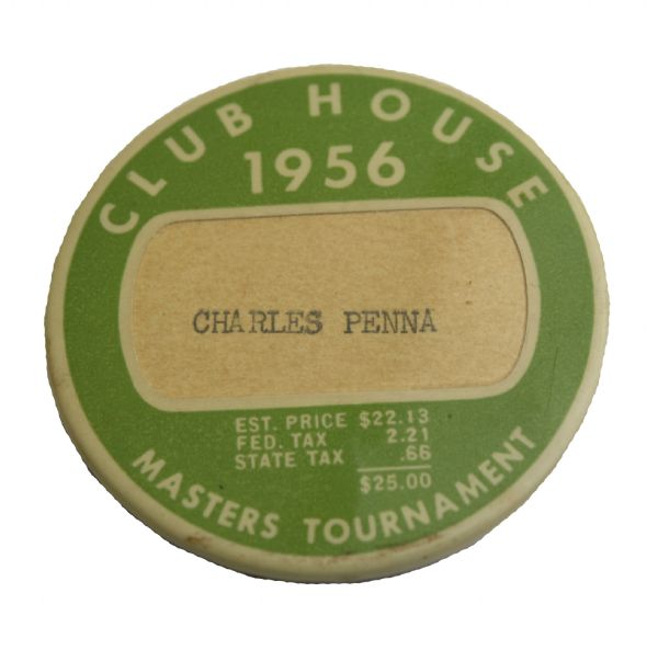 1956 Masters Tournament Clubhouse Badge - From PGA pro Charles Penna