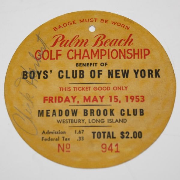 1953 Palm Beach Ticket Signed by Seldom Seen 1948 Masters Champ CLAUDE HARMON JSA COA