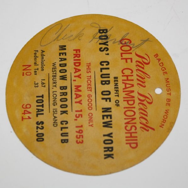 1953 Palm Beach Ticket Signed by Seldom Seen 1948 Masters Champ CLAUDE HARMON JSA COA