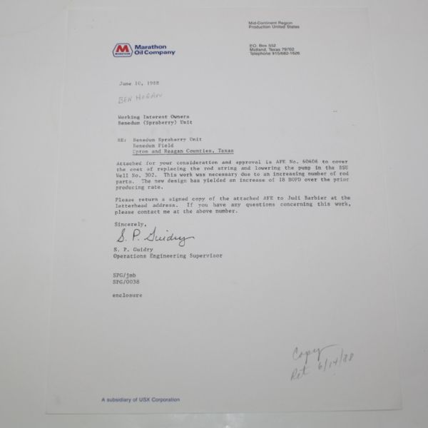 Ben Hogan Signed Marathon Oil Company Contract JSA COA