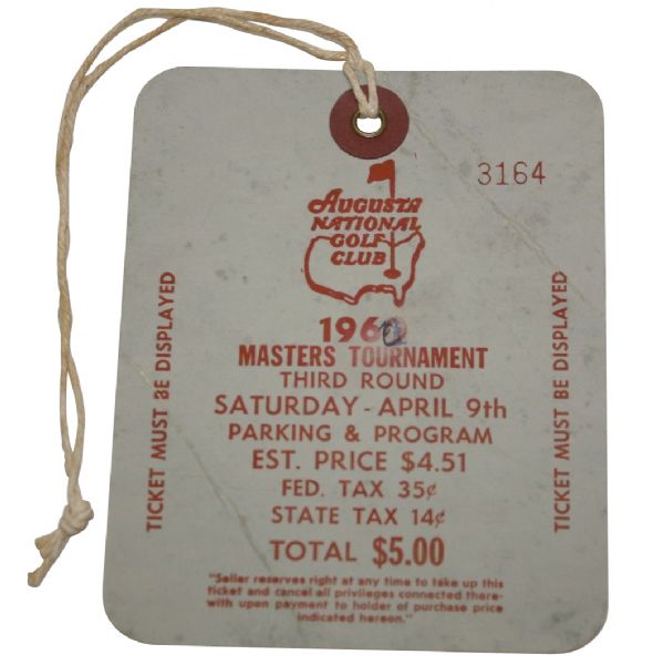 1960 Masters Saturday Paper Ticket/Badge #3164 Palmer Victory