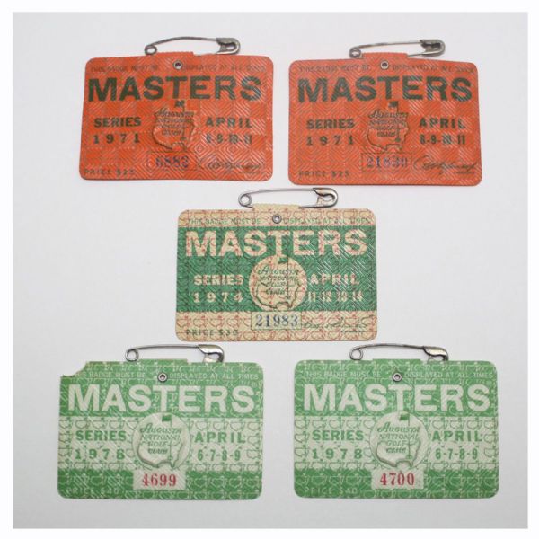 Lot of Five Masters Series Badges - 1971(x2), 1974, and 1978(x2)