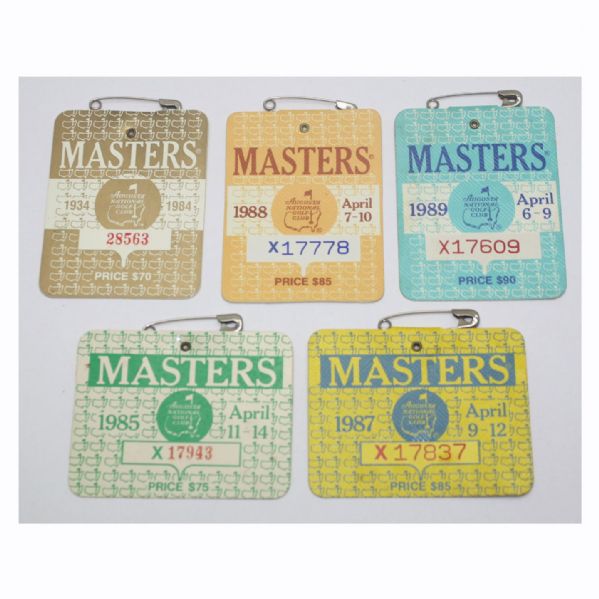 Lot of Five Masters Series Badges - 1984, 1985, 1987, 1988, and 1989