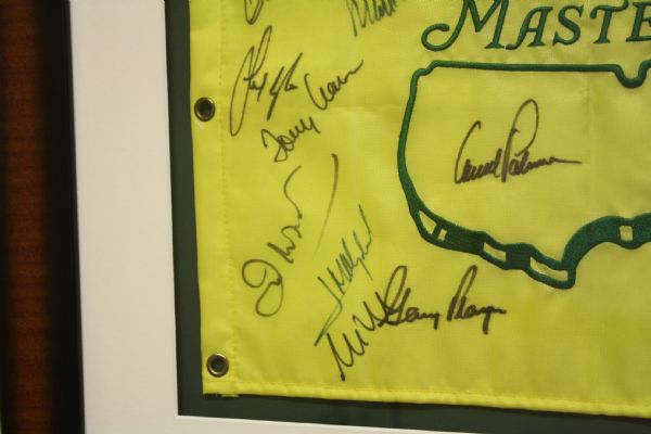 Masters Champs Flag W/Seve, Arnie, Jack & Gary (19 signatures) - James Spence Cert# X05997