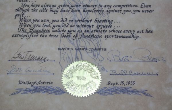 Jack Fleck's '55 Banshees Award for Sportsmanship-Signed by HOF Boxer Gene Tunney