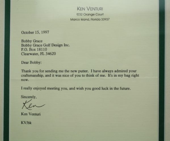 Ken Venturi Framed Signed Letter and Photo to Bobby Grace JSA COA