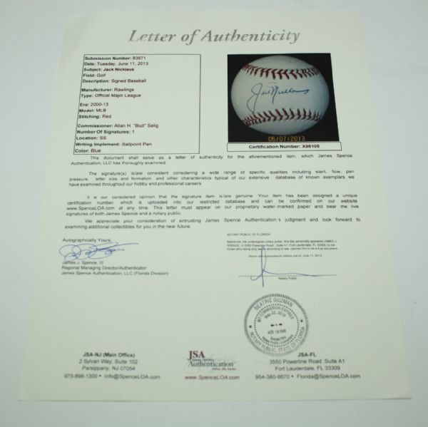 Jack Nicklaus Signed Baseball JSA Full Letter Cert#X98105