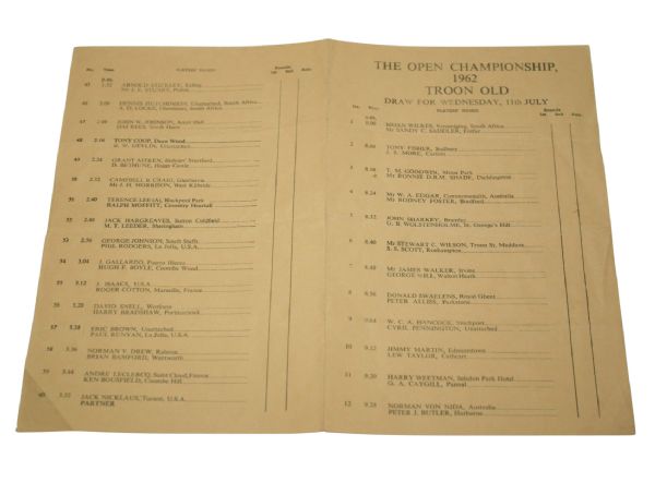 Lot of (3) 1962 British Open Items: Program, Pairing Sheet, & Parking Pass-Palmer Win