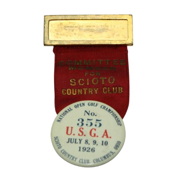 1926 US Open Official Badge and Ribbon - Bobby Jones' Open Victory @ Scioto C.C.
