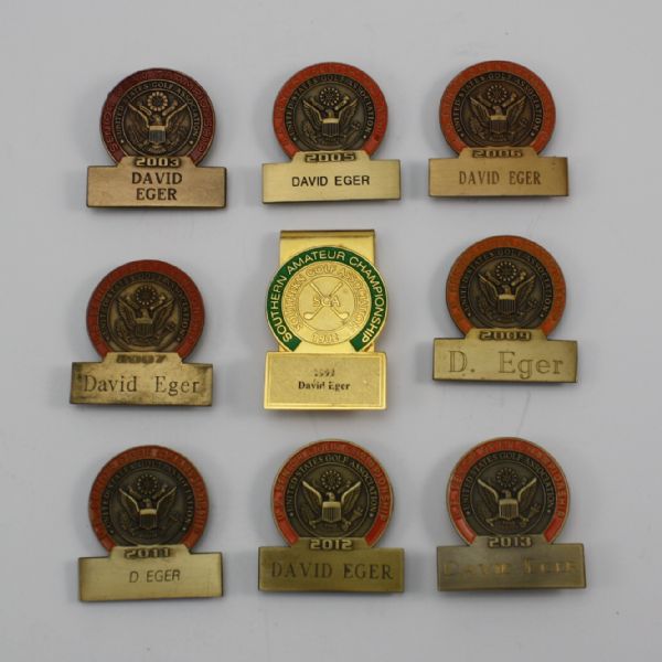 Lot of 8 Senior Open Contestants Badges and One Southern Amateur Money Clip