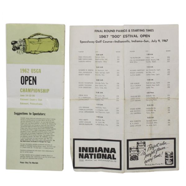 1962 US Open 3rd and 4th Round Pairing Sheet also with 1967 '500 Festival Open Start Sheet
