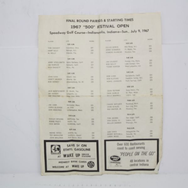 1962 US Open 3rd and 4th Round Pairing Sheet also with 1967 '500 Festival Open Start Sheet