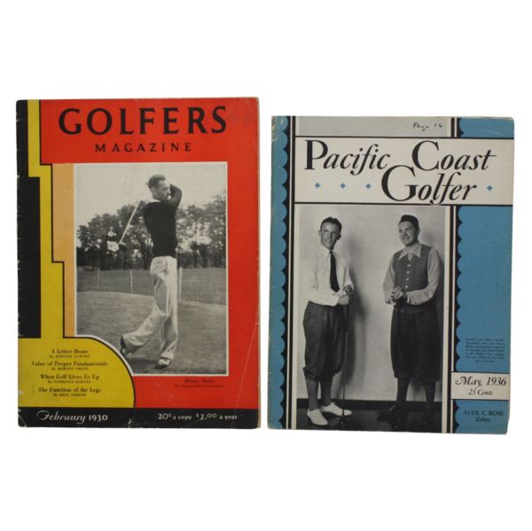 Denny Shute Cover 1930 Golfers Magazine (Jones-Walker Cup Capt.)& 1936 Pacific Coast Golfer