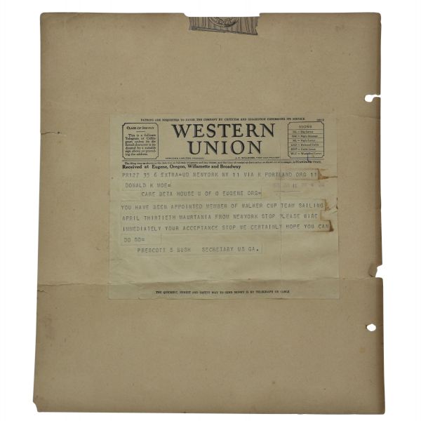 U.S.G.A. Western Union Telegram Notifying Don Moe '30 Walker Cup Team-Bobby Jones