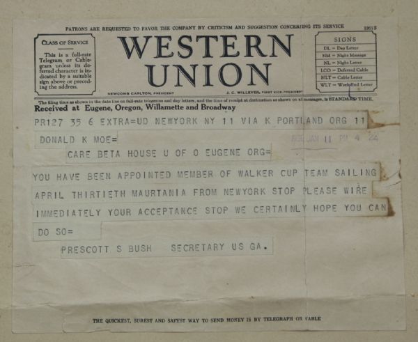 U.S.G.A. Western Union Telegram Notifying Don Moe '30 Walker Cup Team-Bobby Jones