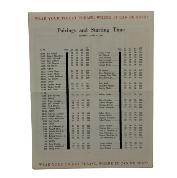 1952 Masters SUNDAY Final Round Pairing Sheet Sam Snead Victory