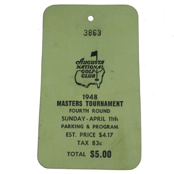 1948 Masters Sunday Ticket - Harmon Win - Jones Last Playing Round in Tournament
