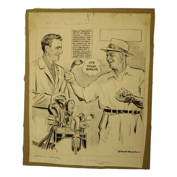 Original Drawing Depicting President Ike with Jack Fleck on Sports Day at the White House