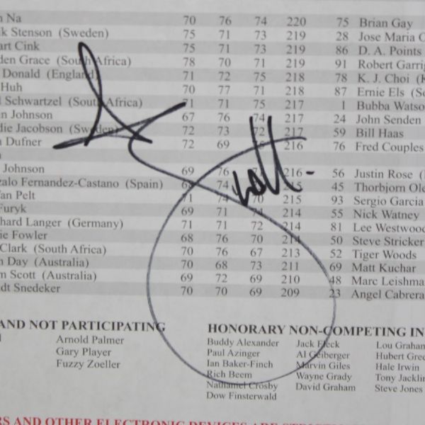 Adam Scott Signed Masters 2013 Sunday Pairing Sheet JSA COA