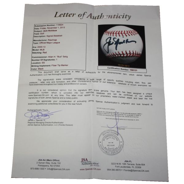 Jack Nicklaus Signed Rawlings Baseball JSA Full Letter Cert #Y00131