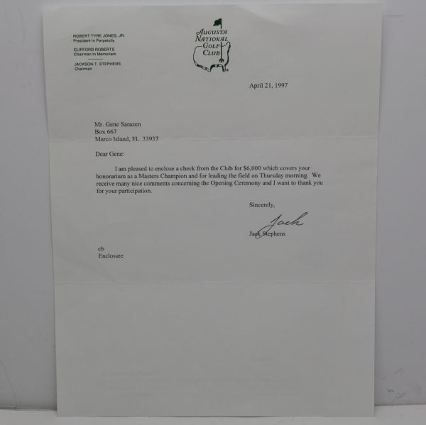 1997 Jack Stephens Letter To Gene Sarazen - $6k Check, and '97 IRS Form
