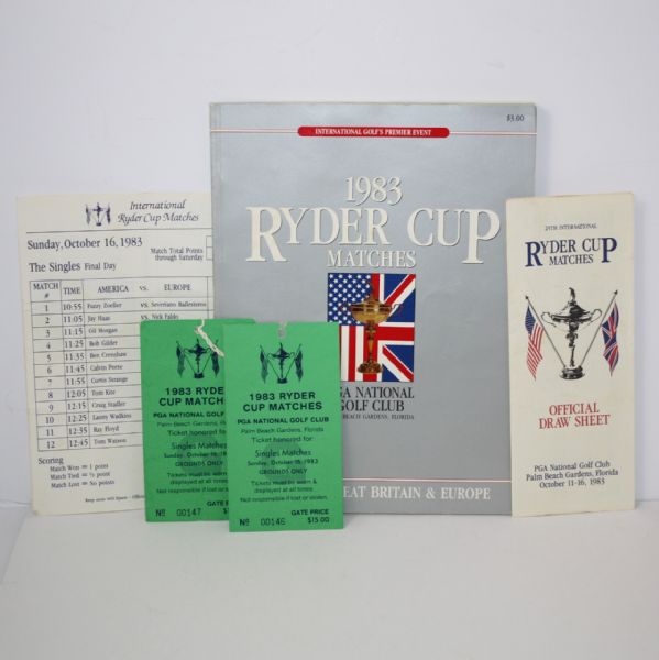 1983 Ryder Cup Program With 2 Final Round Tickets and 2 Single Matches Pairing Sheets