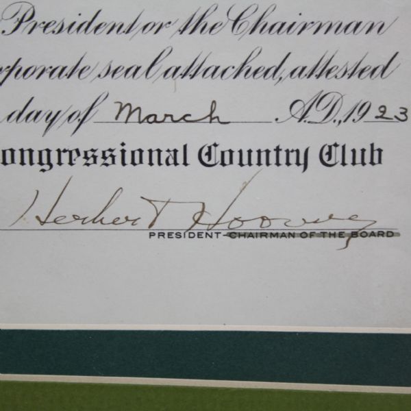 1923 Congressional C.C. Membership Certificate Signed by Herbert Hoover - Rare JSA COA