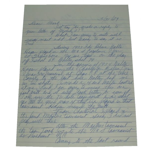 Detailed Henry Picard ALS Two Page Letter Signed Walter Hagen & Masters Content