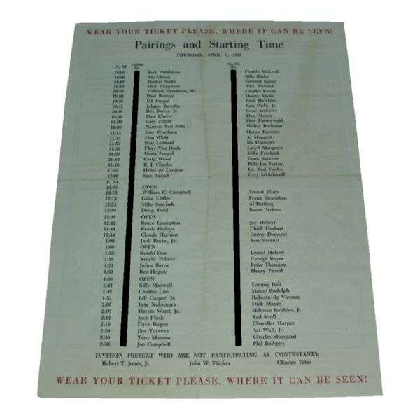 1958 Masters Tournament Thursday Pairing Sheet - Palmer's 1st Masters Win