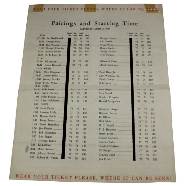 1947 Masters Saturday Pairing Sheet