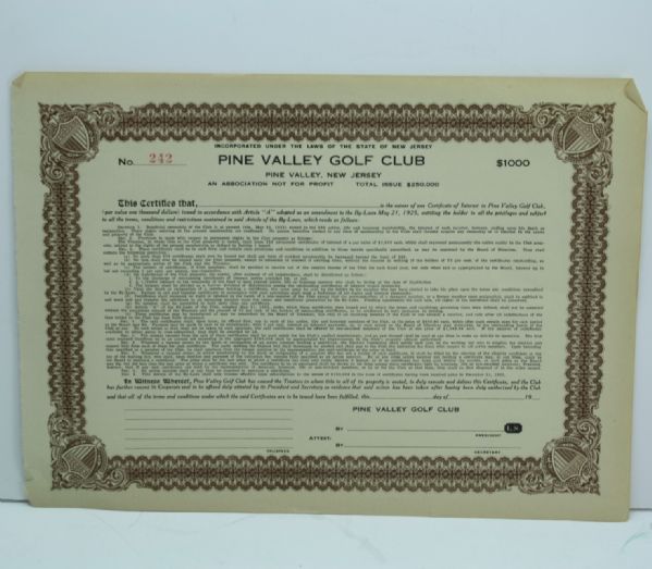 1925 Pine Valley Bond Certificate with Stub - $1,000.00
