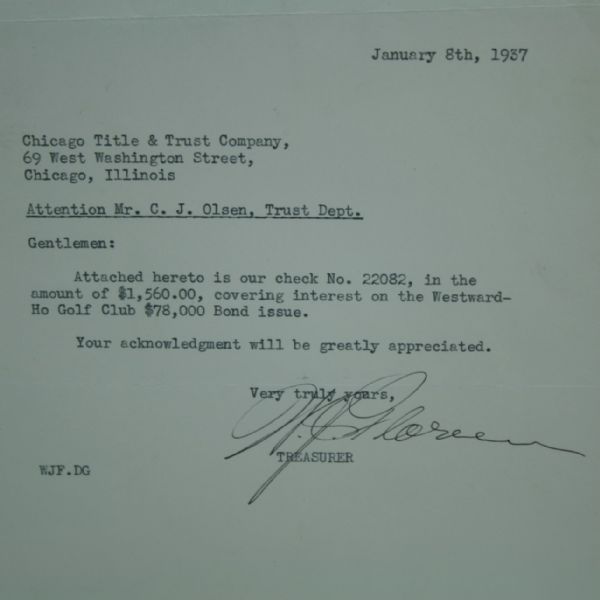 1937 Authentic Memorandum on Vintage Letterhead of Historic Westward Ho Golf Club