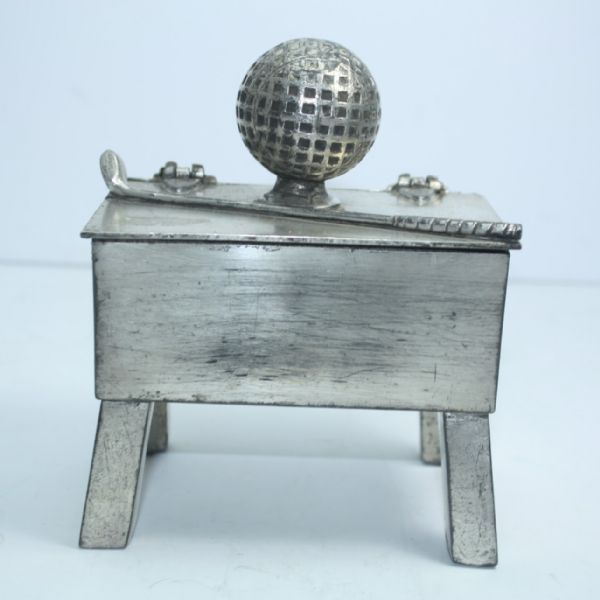 Early 1900’s Silver Plated Sand Tee Box on Stand & Adorned by Club & Mesh Golf Ball