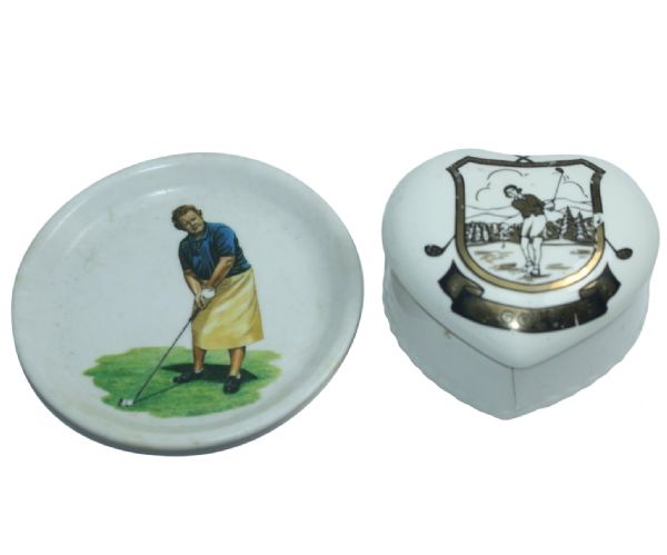 Mickey Wright Souvenir Dish & Vintage Heart Shaped Golf Jewelry/Ring Box