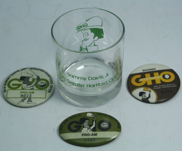 Lot of Vintage Sammy Davis Jr. Greater Hartford Open Pro-Am Participant Pins(2), GHO Scorer Pin(1) & Commemorative GHO High Ball Glass
