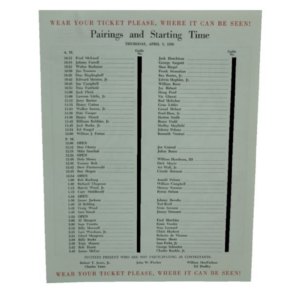 1956 Masters Tournament Pairing Sheet - Thursday