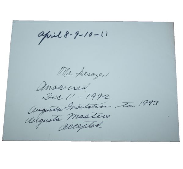 Gene Sarazen 1993 Masters Invitation with Envelope and Notation JSA COA