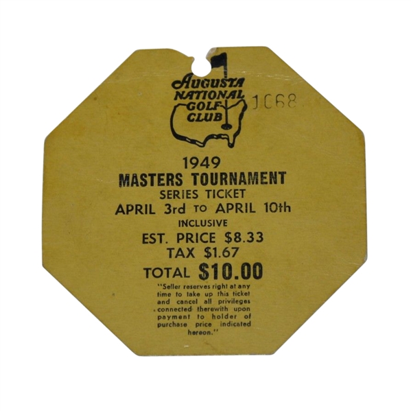 1949 Masters Series Ticket - Sam Snead's First Masters Victory
