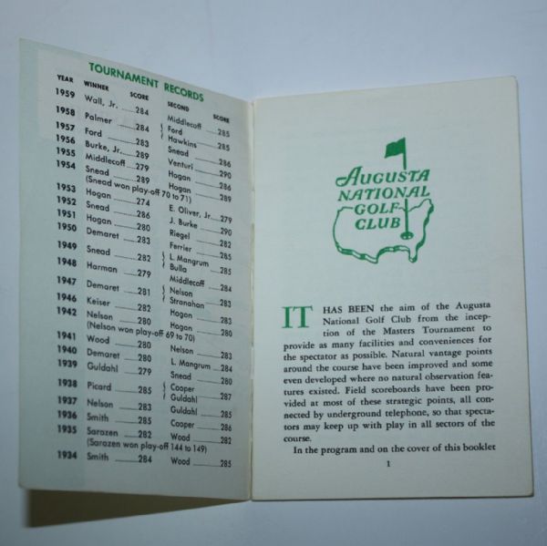 1960 Masters Spectator Guide-Arnold Palmer's 2nd of 4 Masters Wins-Near Mint!