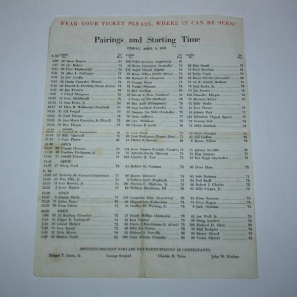 1962 Masters Pairing Sheets - Thurs-Sun - Palmer's Third Masters Win