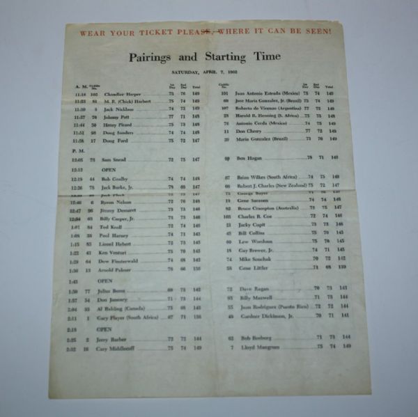 1962 Masters Pairing Sheets - Thurs-Sun - Palmer's Third Masters Win