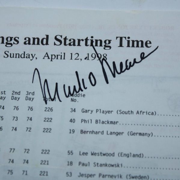 Mark O'Meara Signed 1998 Sunday Masters Pairing Sheet JSA COA